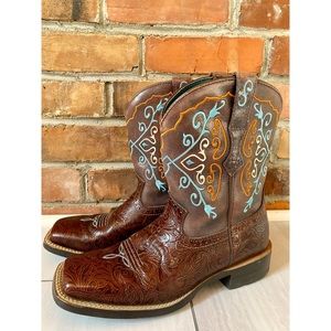 ARIAT square toe fatbaby original brown embroidered leather cowgirl boots size 9
